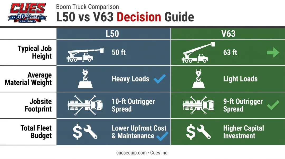L50 versus V63 decision factors comparison chart for fleet selection