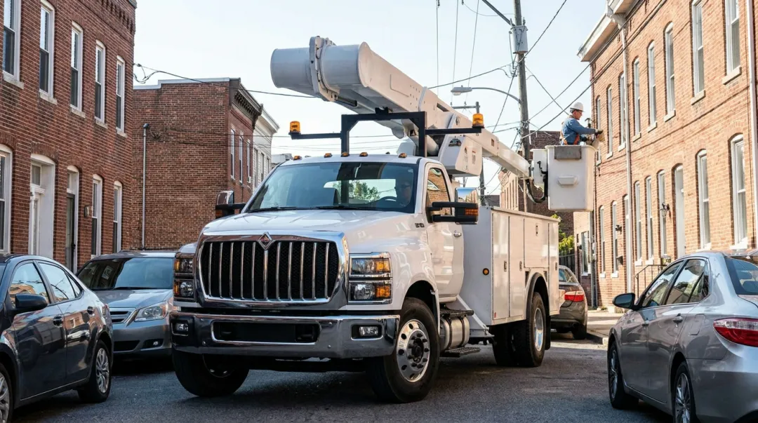 International CV515 cab-over utility truck with aerial device in urban jobsite environment