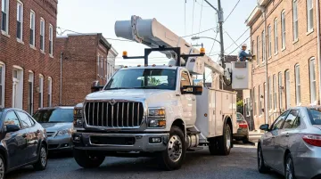 International CV515 cab-over utility truck with aerial device in urban jobsite environment
