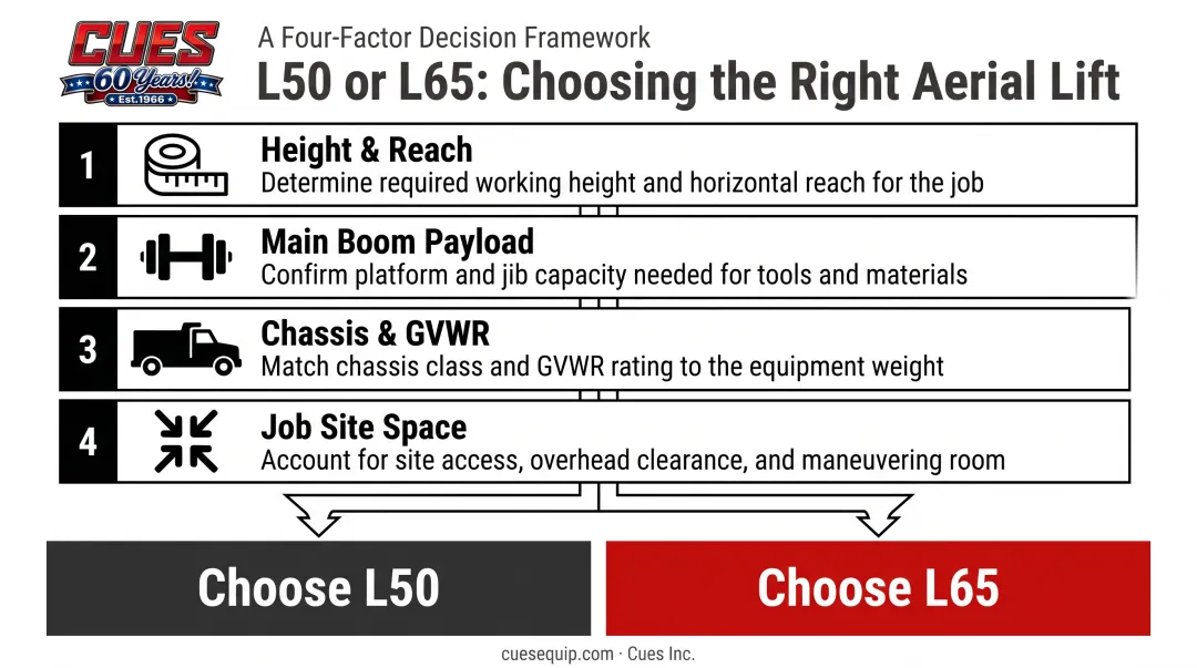 Four-factor decision framework infographic for choosing Elliott L50 or L65