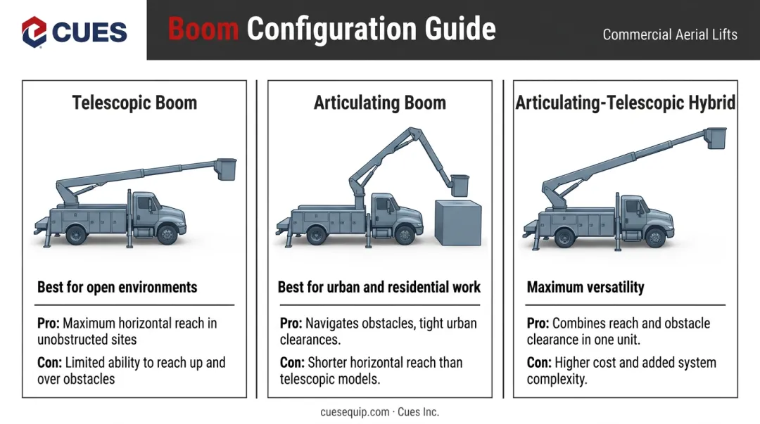 Three aerial lift boom configurations telescopic articulating and hybrid comparison infographic