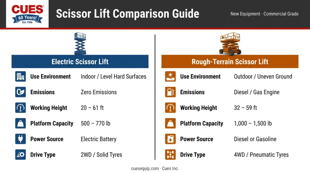 Electric versus rough-terrain scissor lift comparison showing height and capacity differences