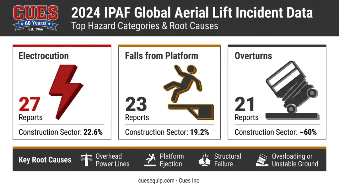 Top three aerial lift hazard categories with 2024 incident statistics from IPAF data