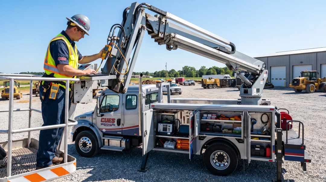 CUES road-service truck technician performing on-site aerial lift maintenance
