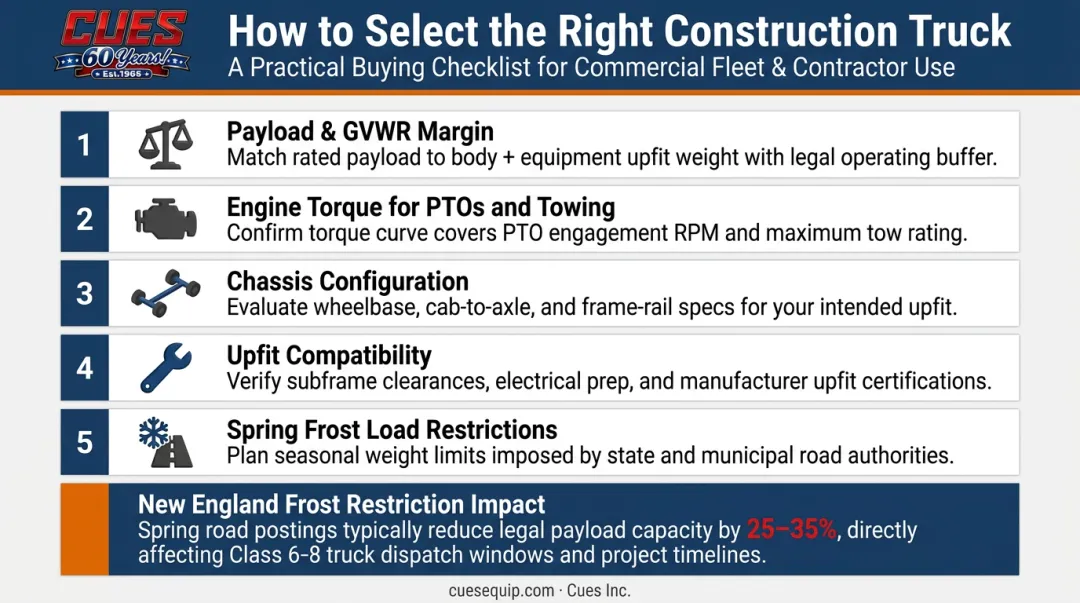 Heavy-duty truck selection criteria checklist infographic for construction fleet buyers