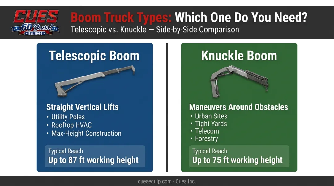 Telescopic versus knuckle boom truck types comparison with reach and use cases