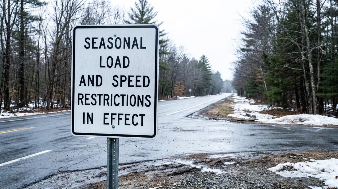 New England highway with posted spring weight restriction road sign in winter