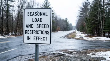 New England highway with posted spring weight restriction road sign in winter