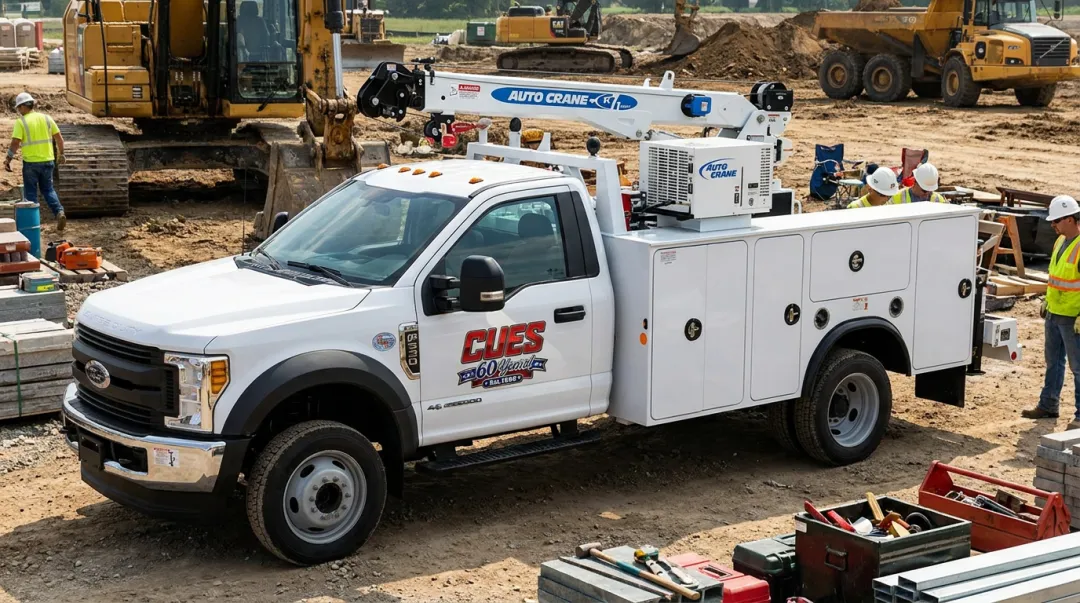 Service truck with mounted crane and compartmentalized storage body on job site