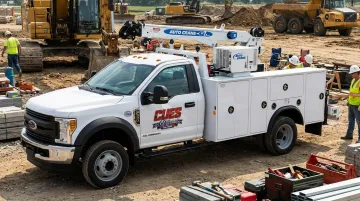 Service truck with mounted crane and compartmentalized storage body on job site