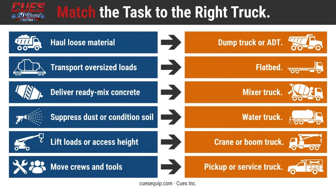 Construction truck selection decision guide matching task type to correct truck