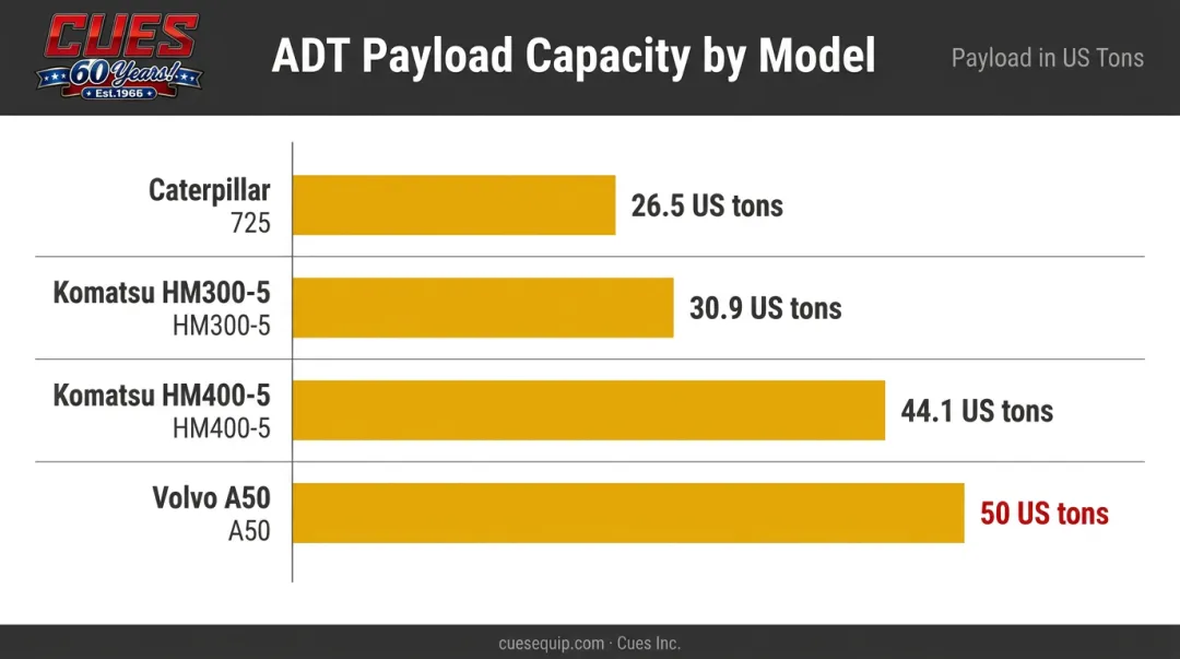 Articulated dump truck payload comparison chart across four major manufacturers