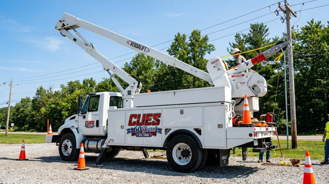 Versalift bucket truck with TruGuard insulated controls deployed at utility worksite