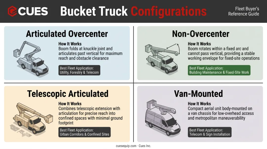 Four bucket truck boom configurations compared by application and working style