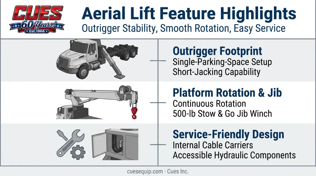 Aerial platform outrigger setup jib rotation feature highlight infographic