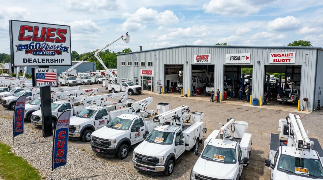 CUES Inc dealer lot showing Versalift and Elliott aerial bucket trucks in inventory