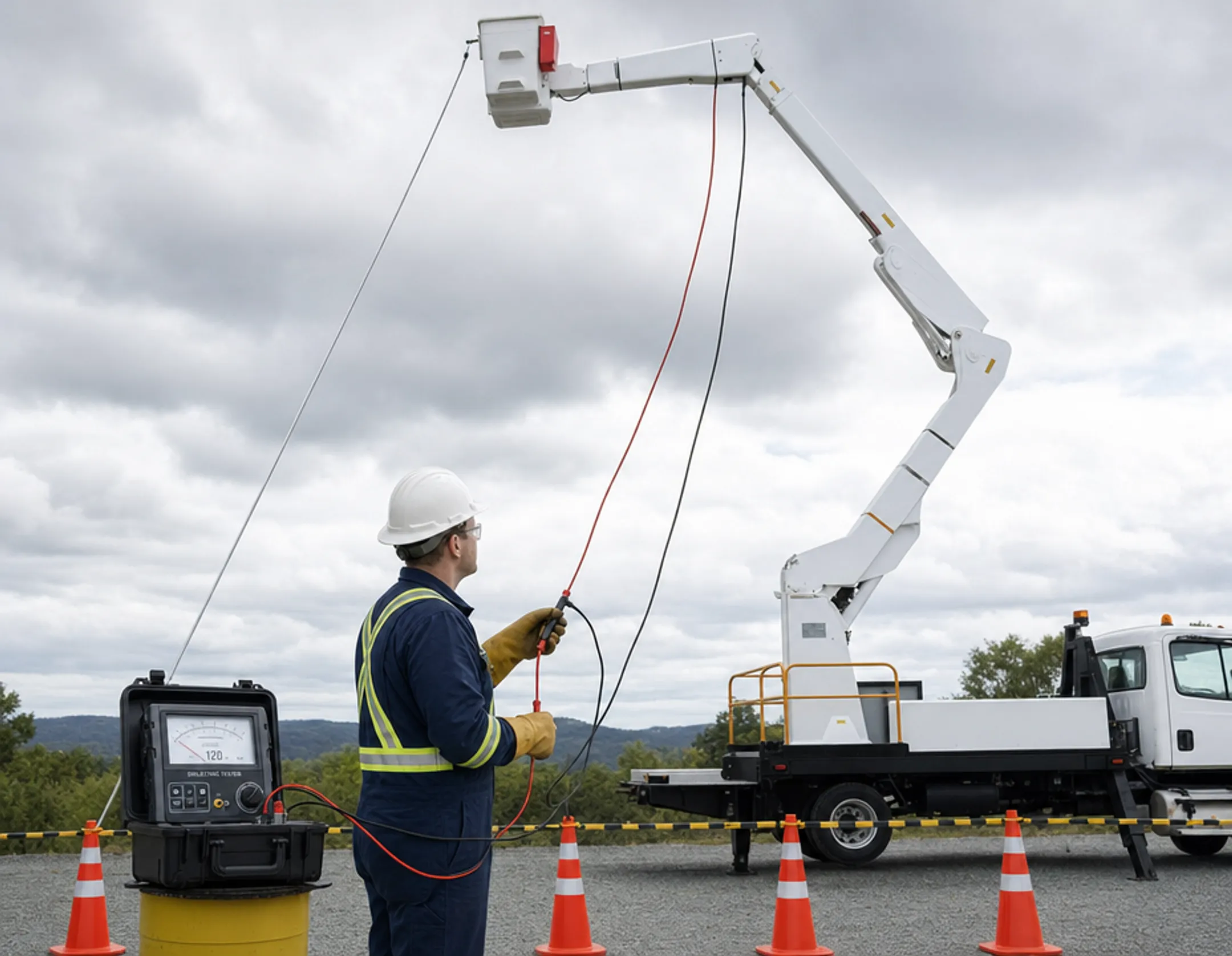 Technician performing dielectric voltage test on insulated aerial bucket boom