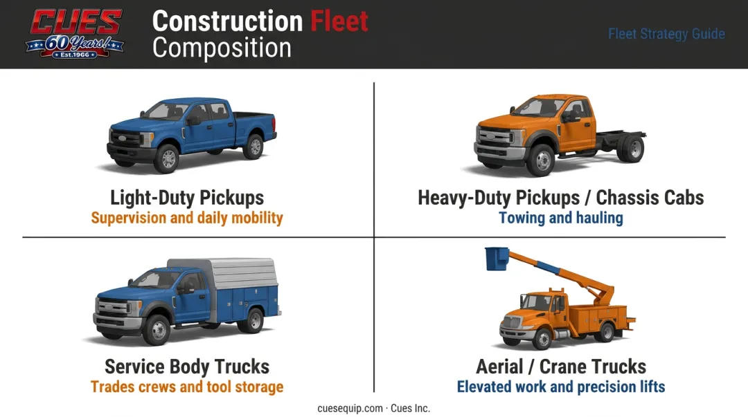 Construction fleet mix composition four truck types by operational role