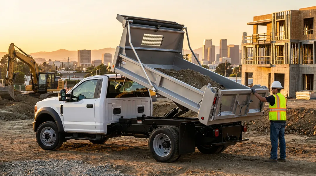Class 5 chassis cab truck with dump body at construction site