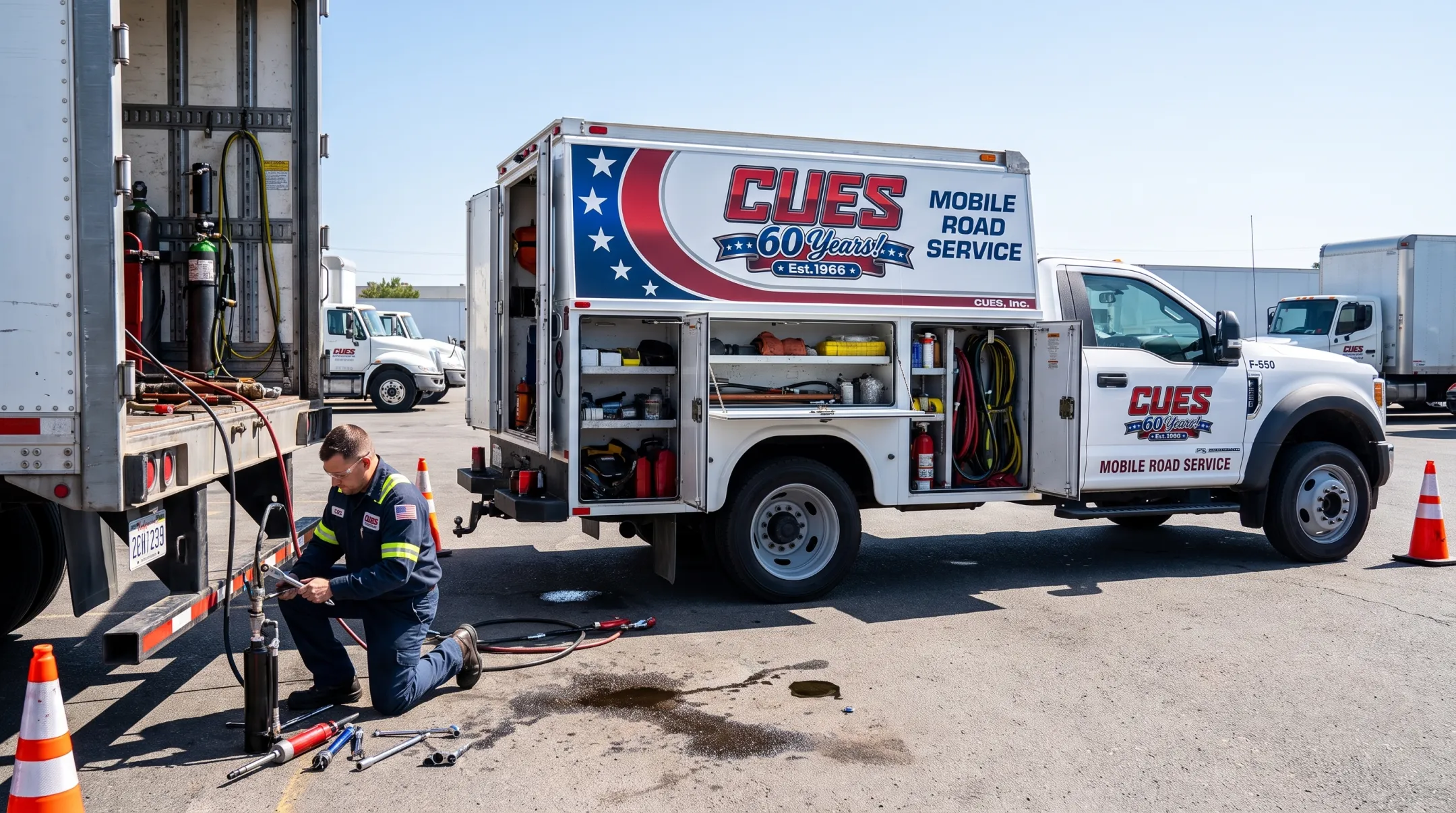 CUES mobile service truck performing on-site liftgate repair inspection