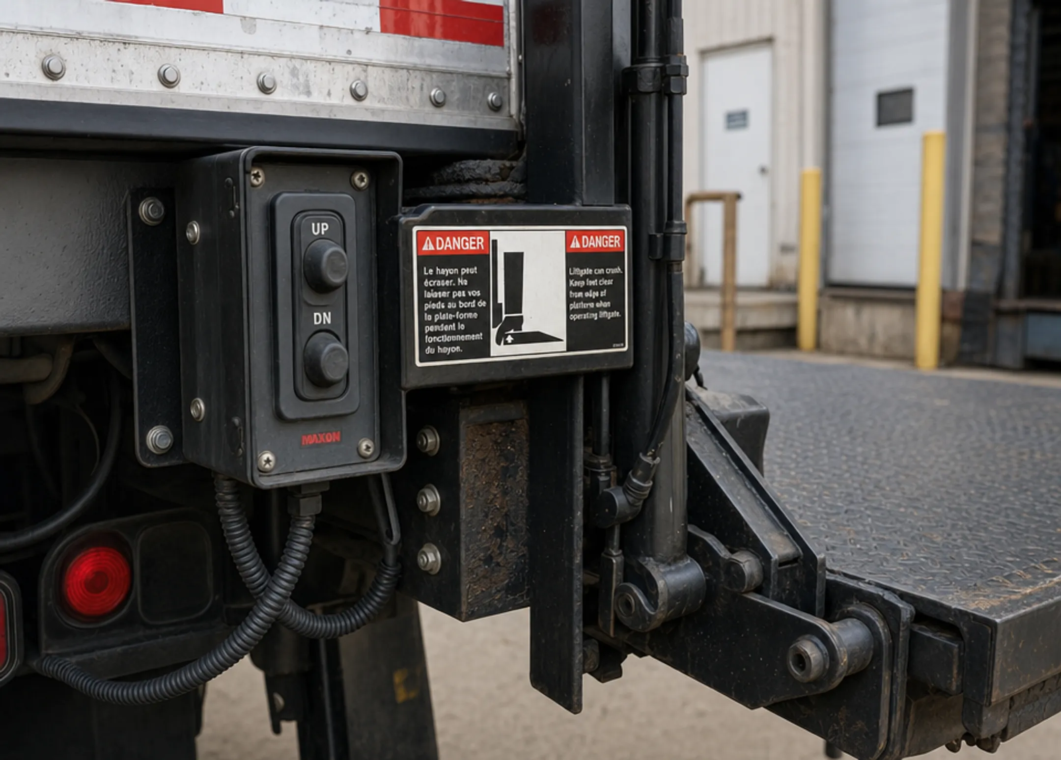 OSHA pinch point warning label on hydraulic liftgate control panel