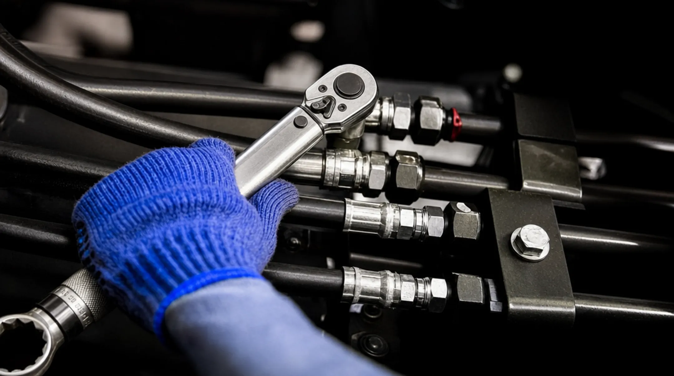 Technician using torque wrench to properly tighten hydraulic hose fitting