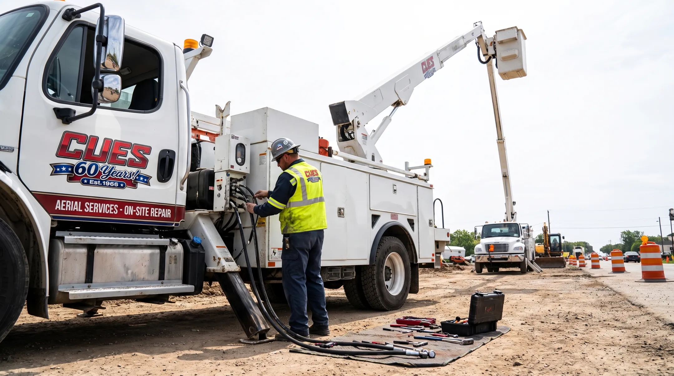 CUES Inc technician performing aerial lift hydraulic repair on jobsite