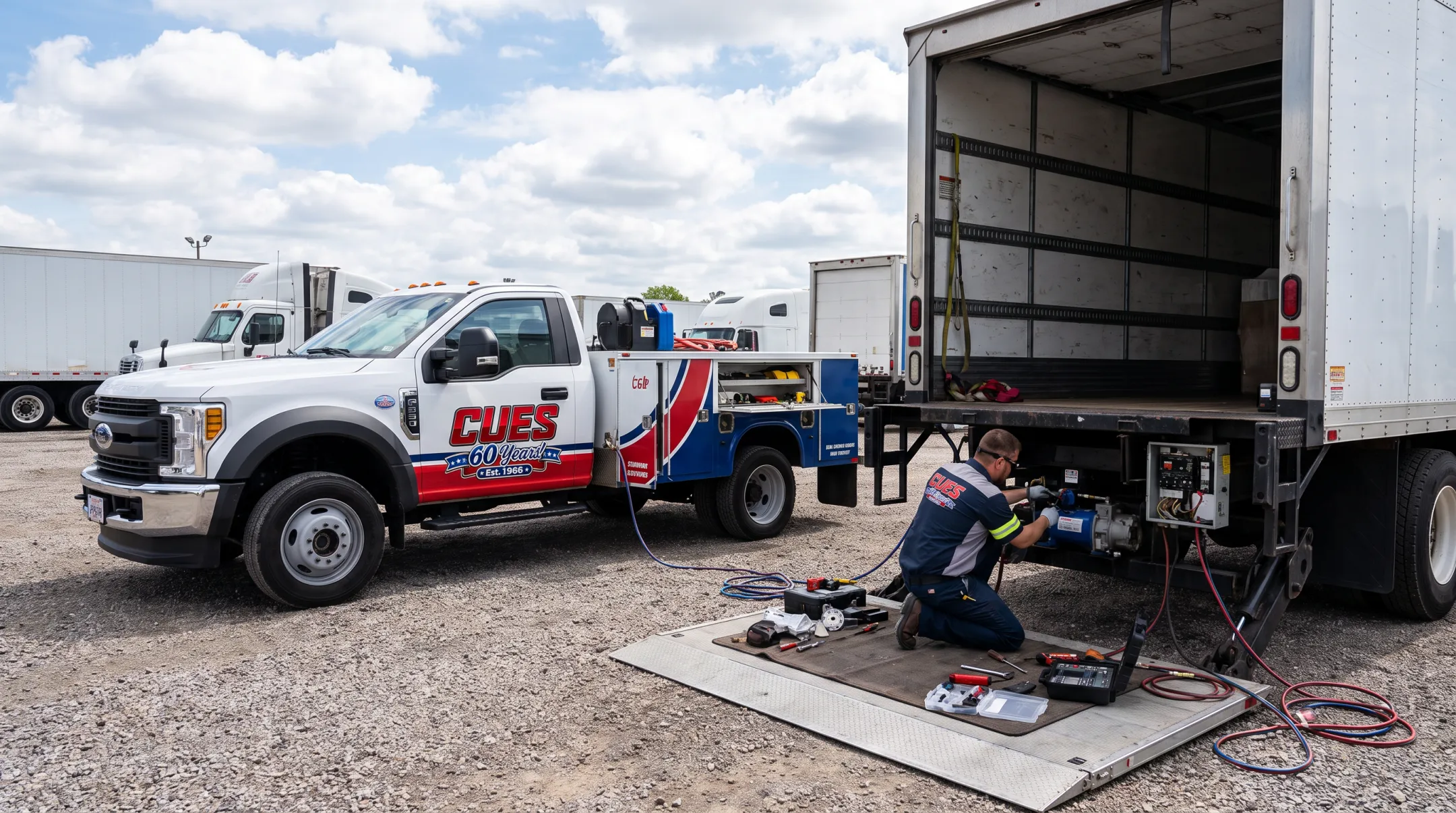 Mobile liftgate repair service truck performing on-site hydraulic maintenance