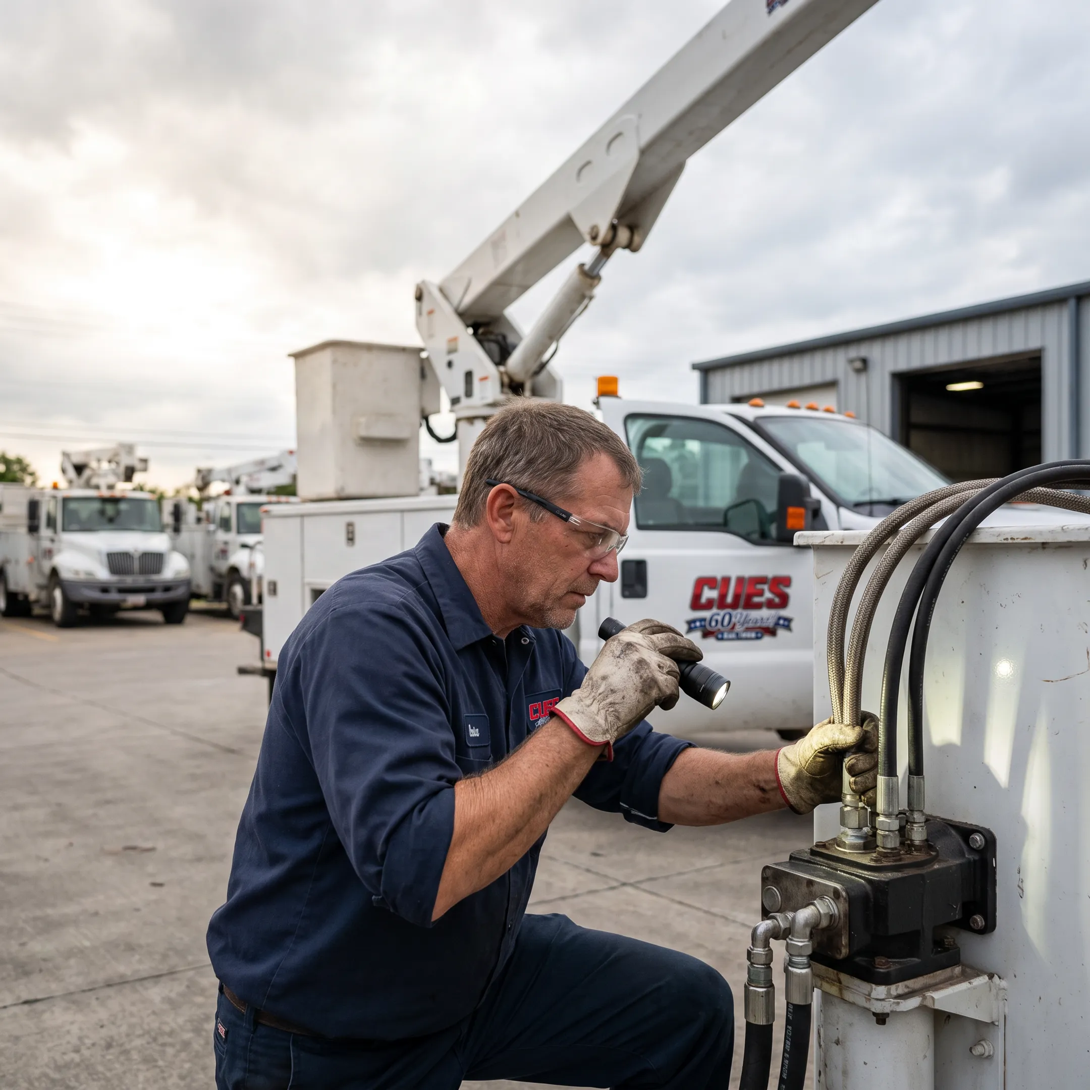 Technician servicing a bucket truck boom