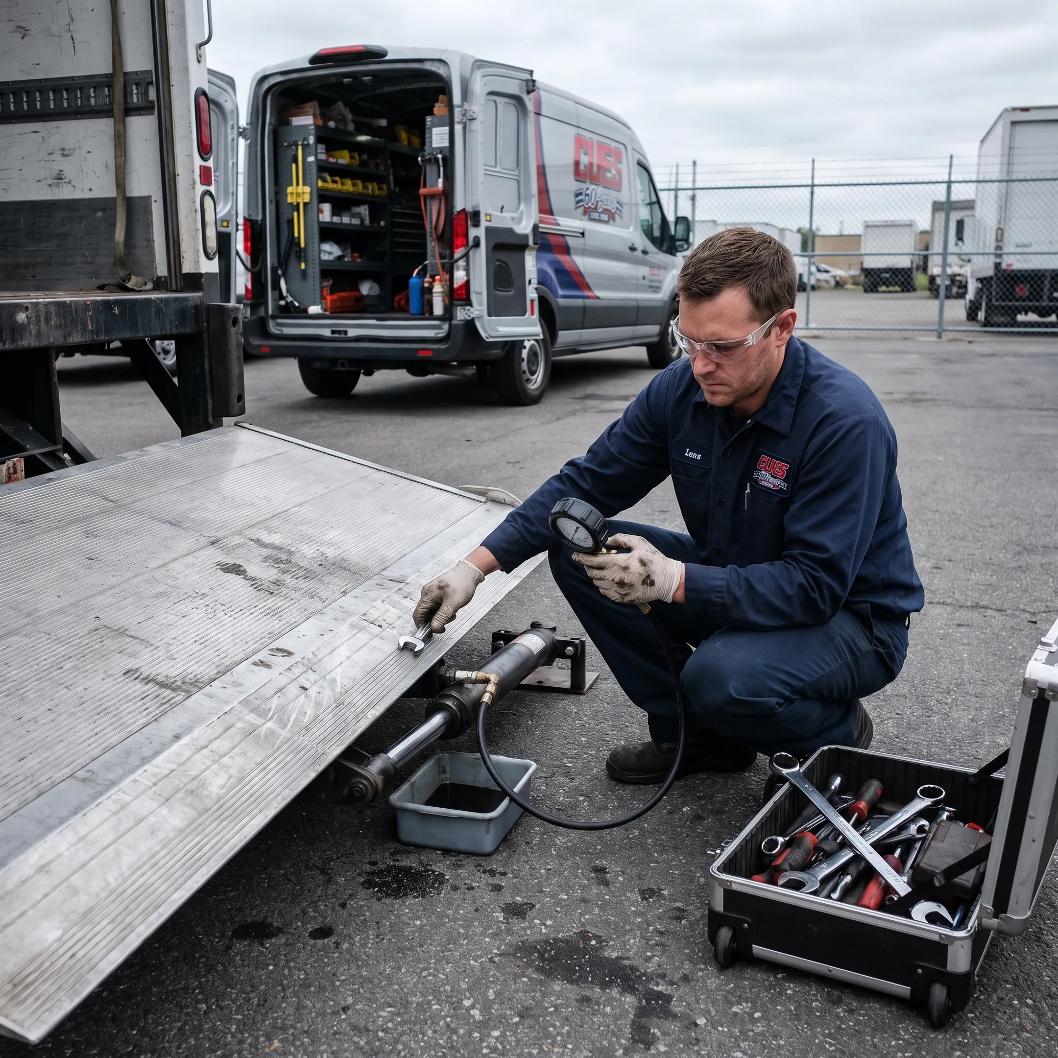 Technician repairing a commercial truck liftgate