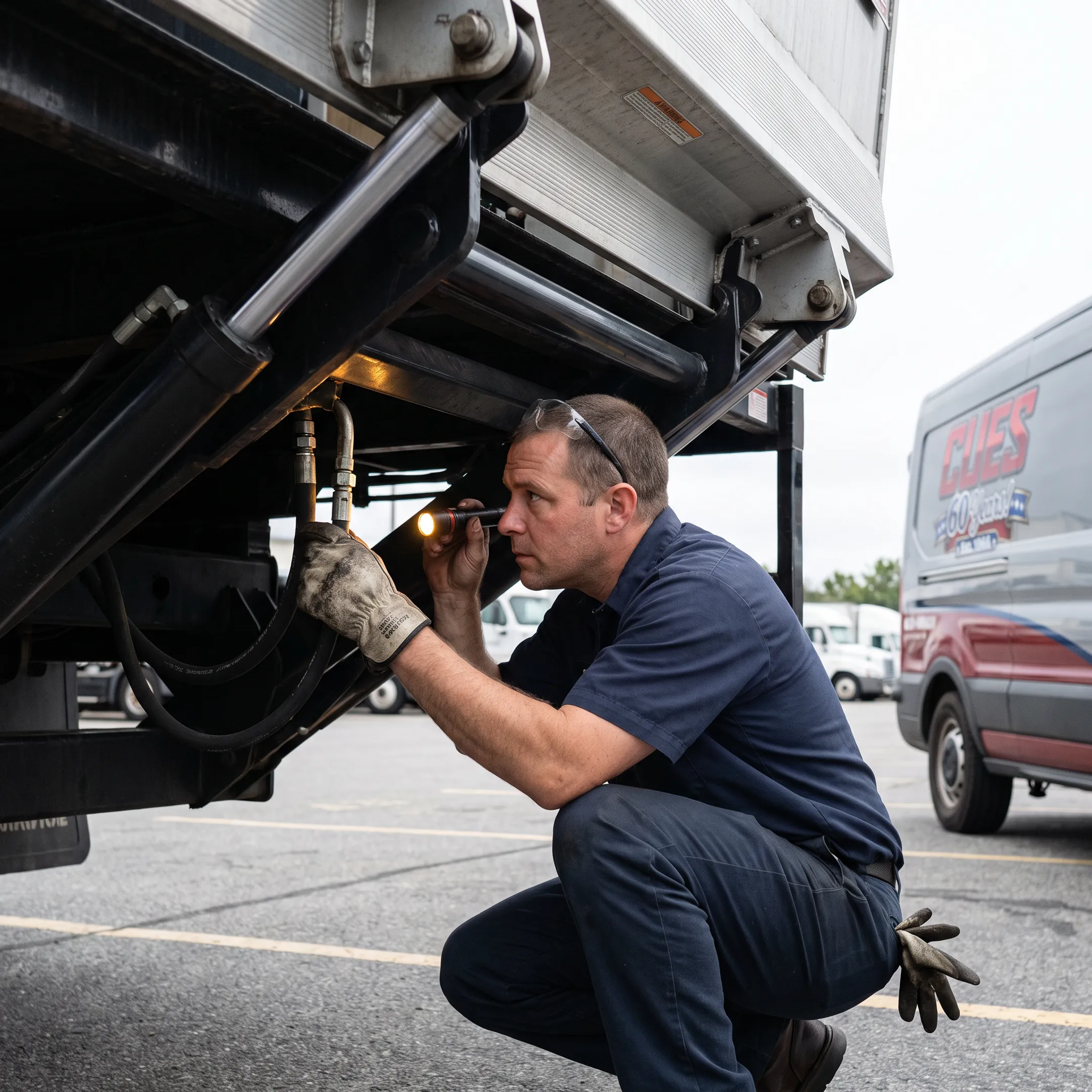 Technician inspecting a truck liftgate hydraulic system