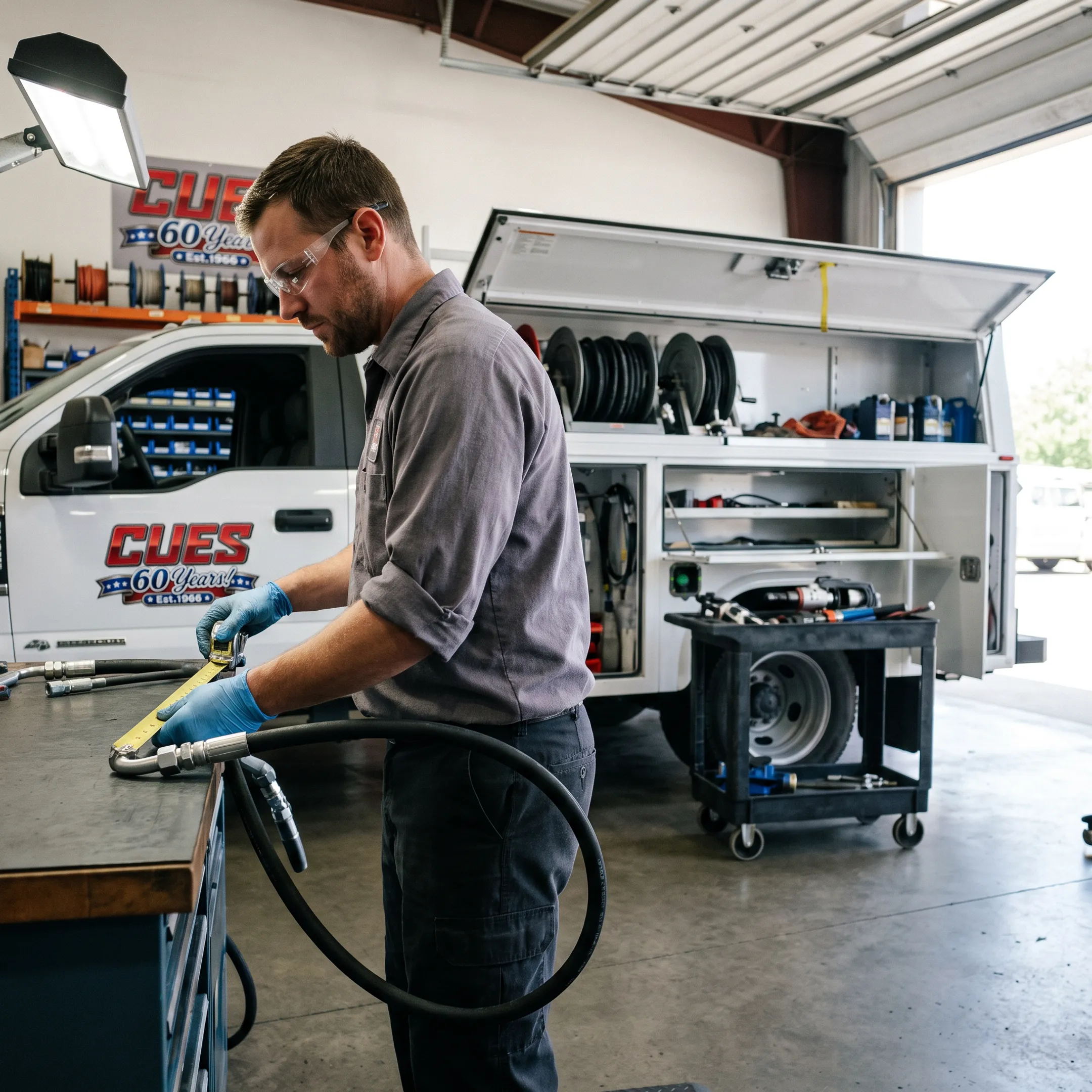 Technician measuring a hydraulic hose for a custom assembly