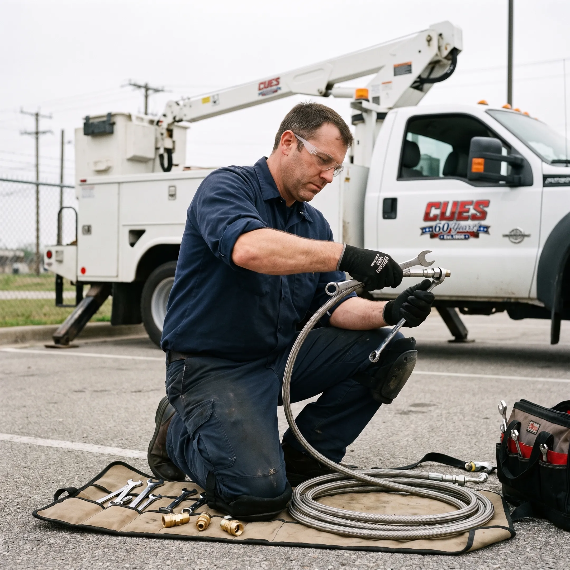 Technician repairing a hydraulic hose on-site