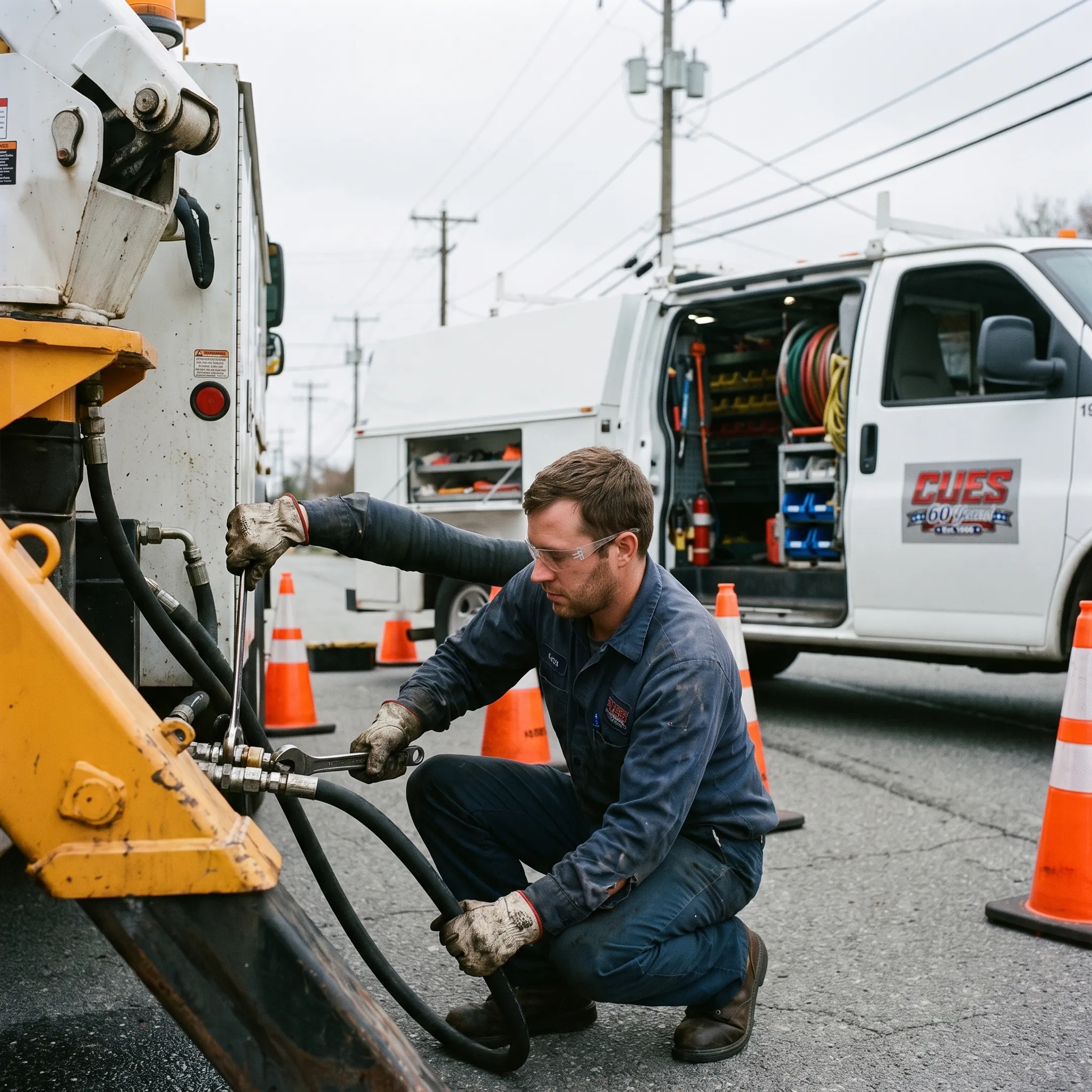 Mobile technician inspecting hydraulic lines