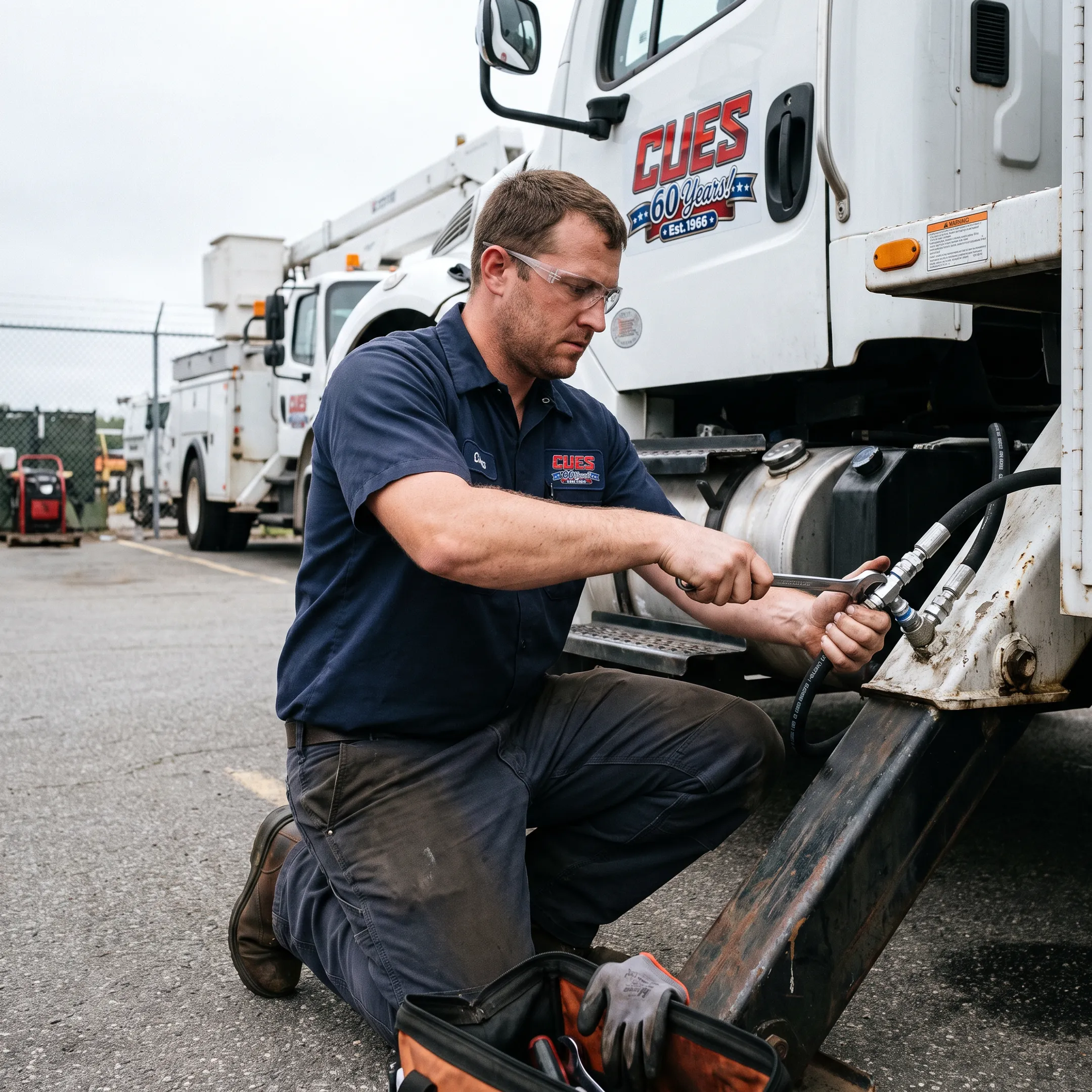 Technician repairing a hydraulic hose on truck equipment