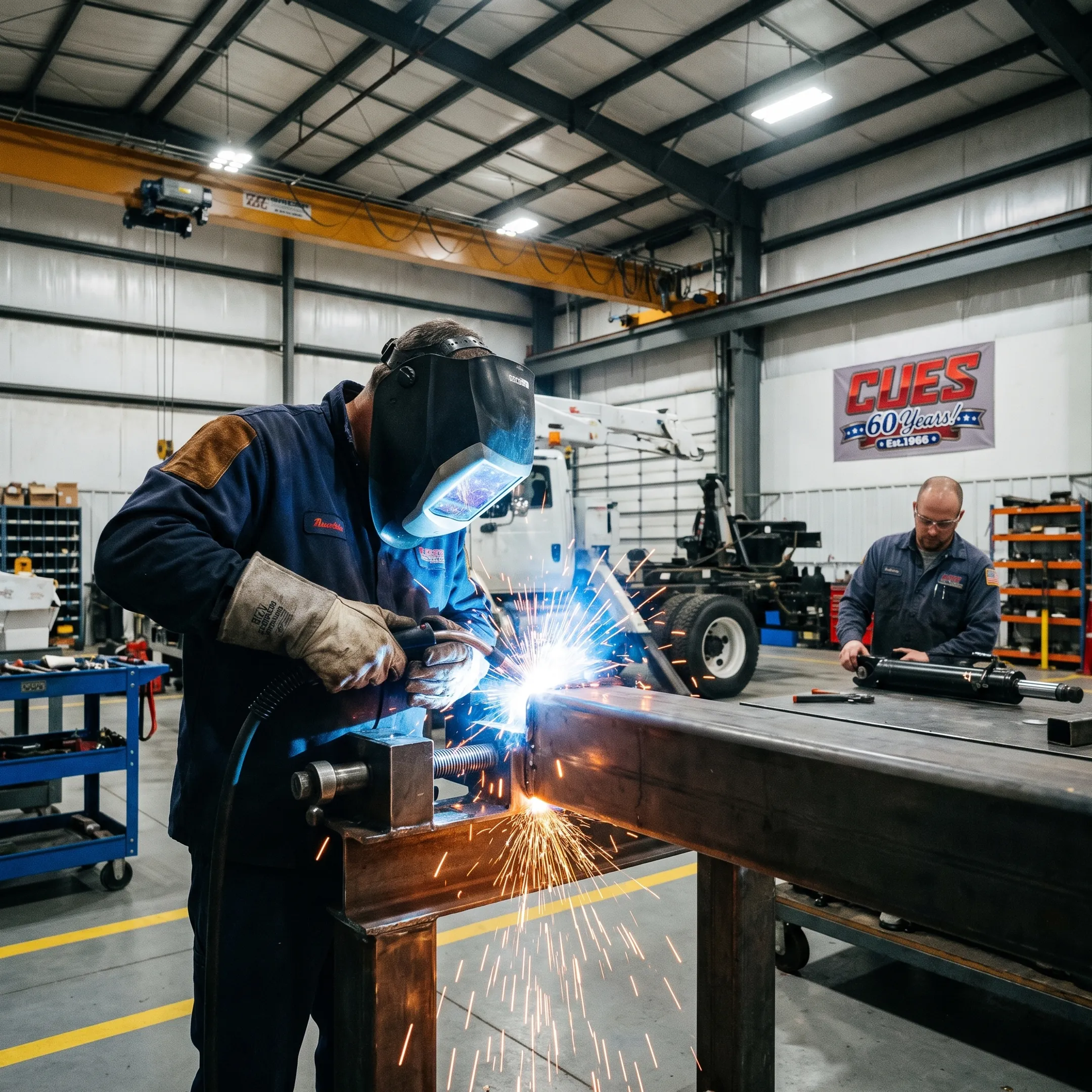 Technician performing custom welding on heavy equipment
