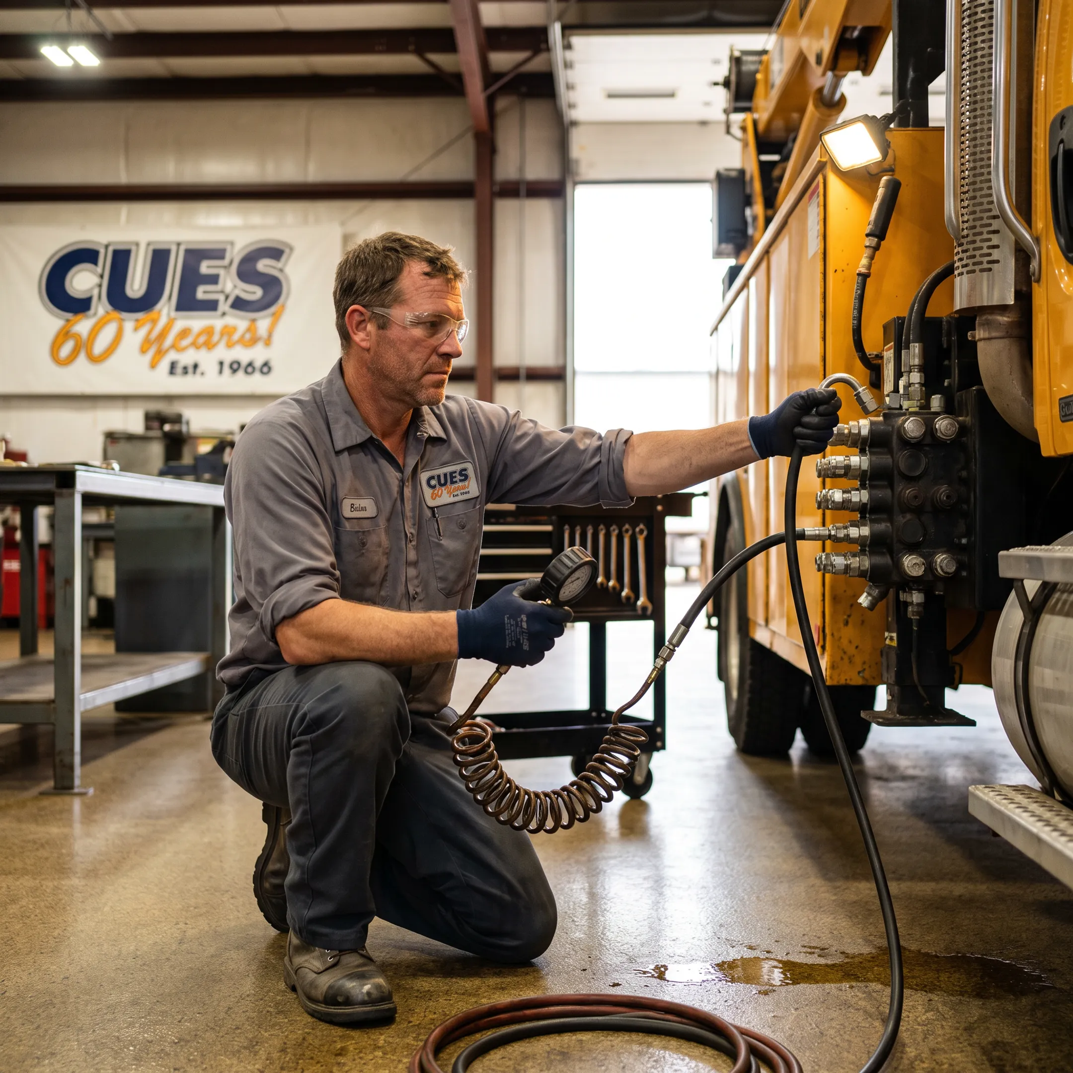 Technician repairing a crane hydraulic system