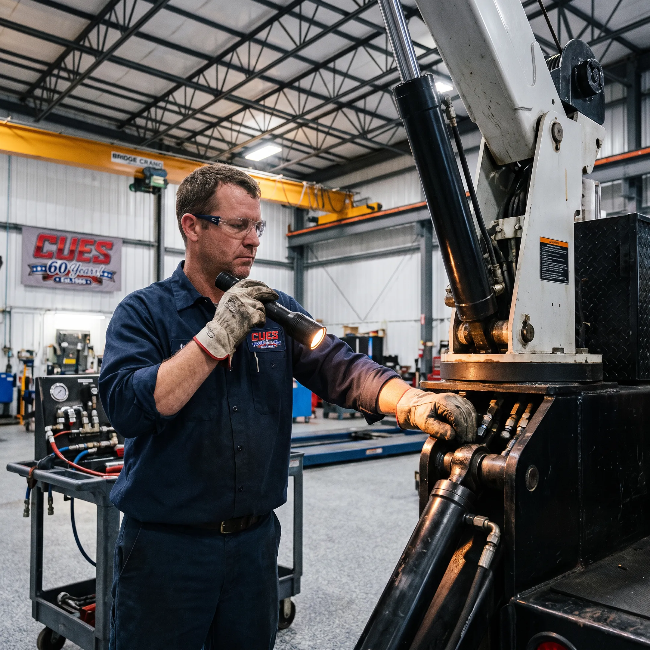 Technician inspecting a truck-mounted service crane