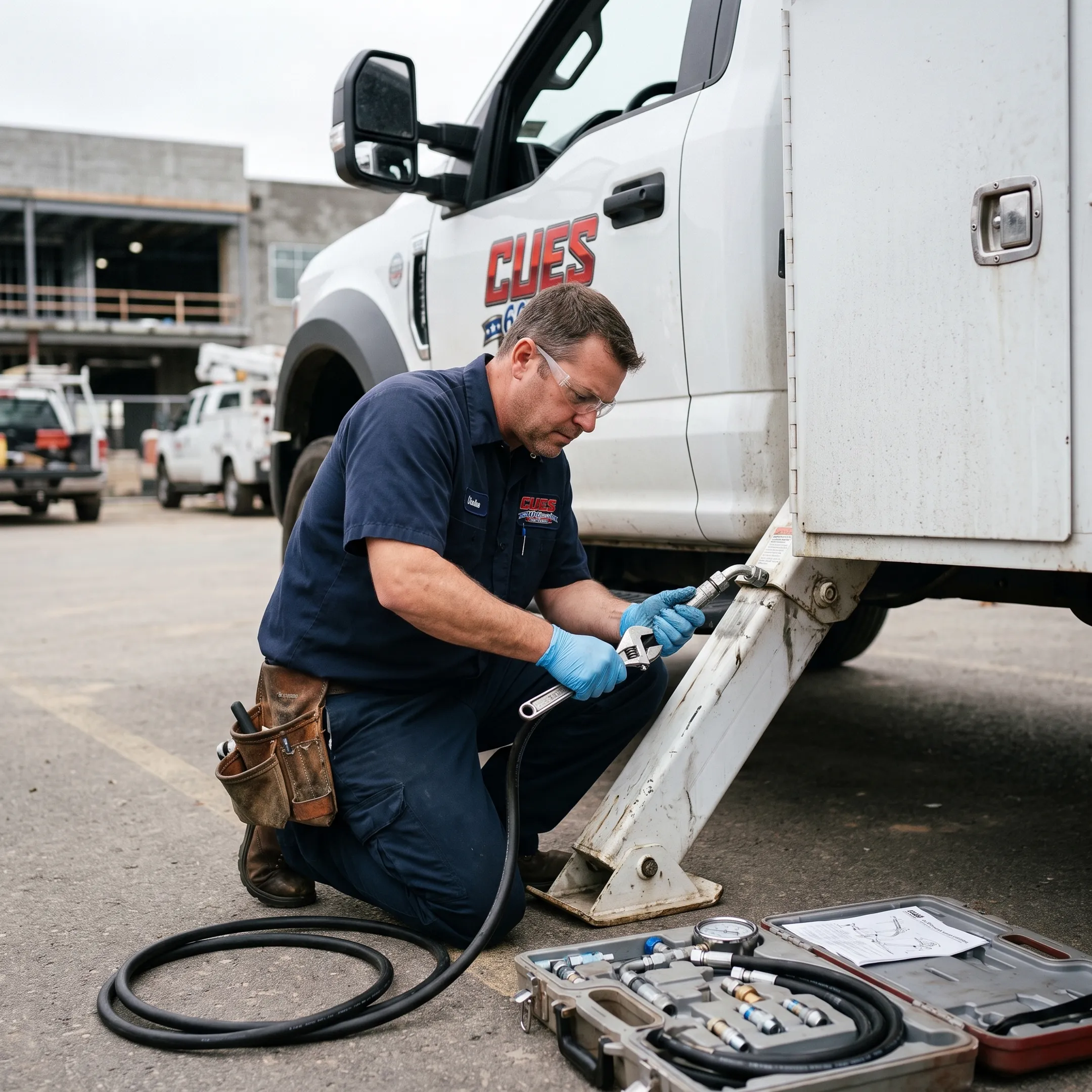 Technician repairing a hydraulic hose on a work truck