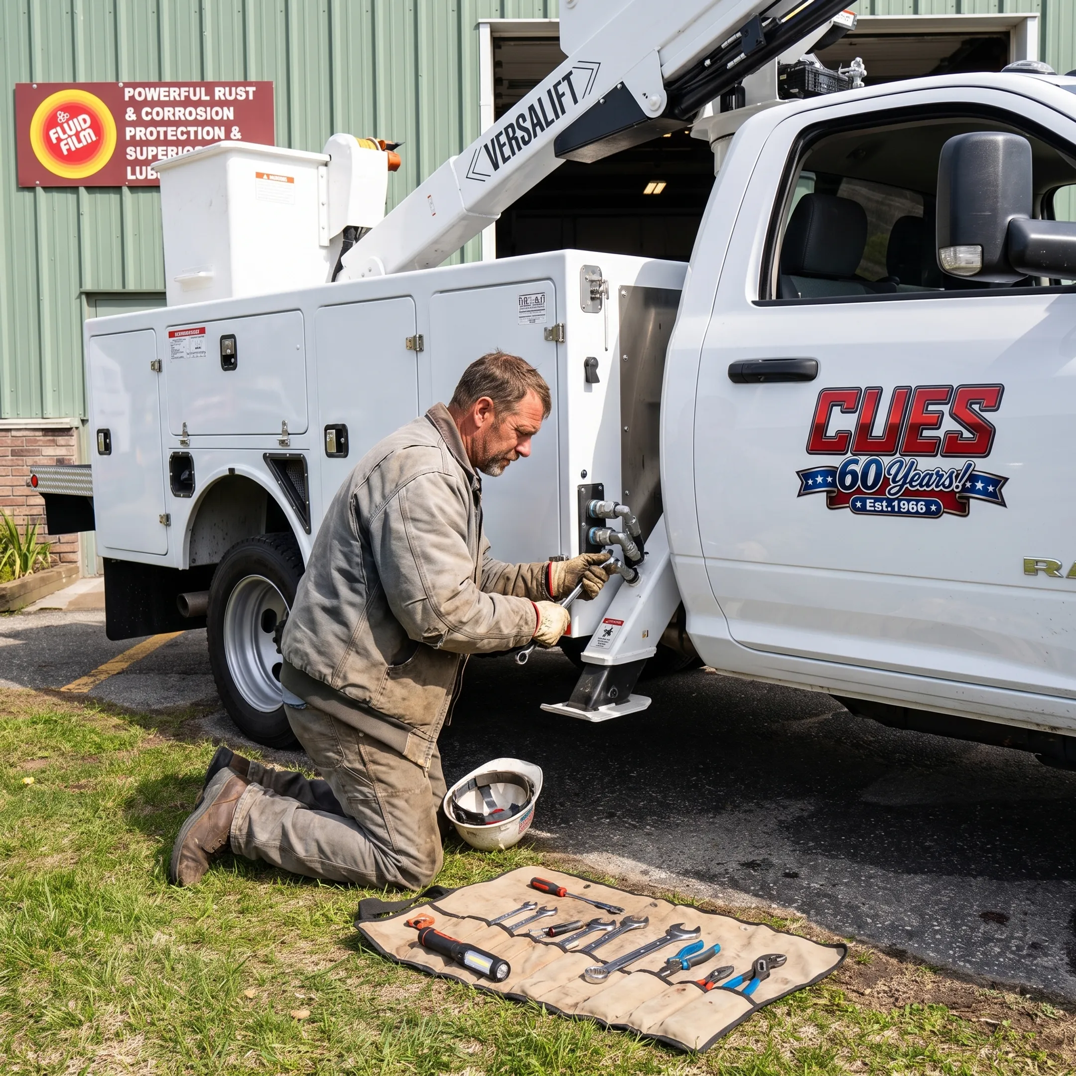Mobile technician inspecting a truck hydraulic system