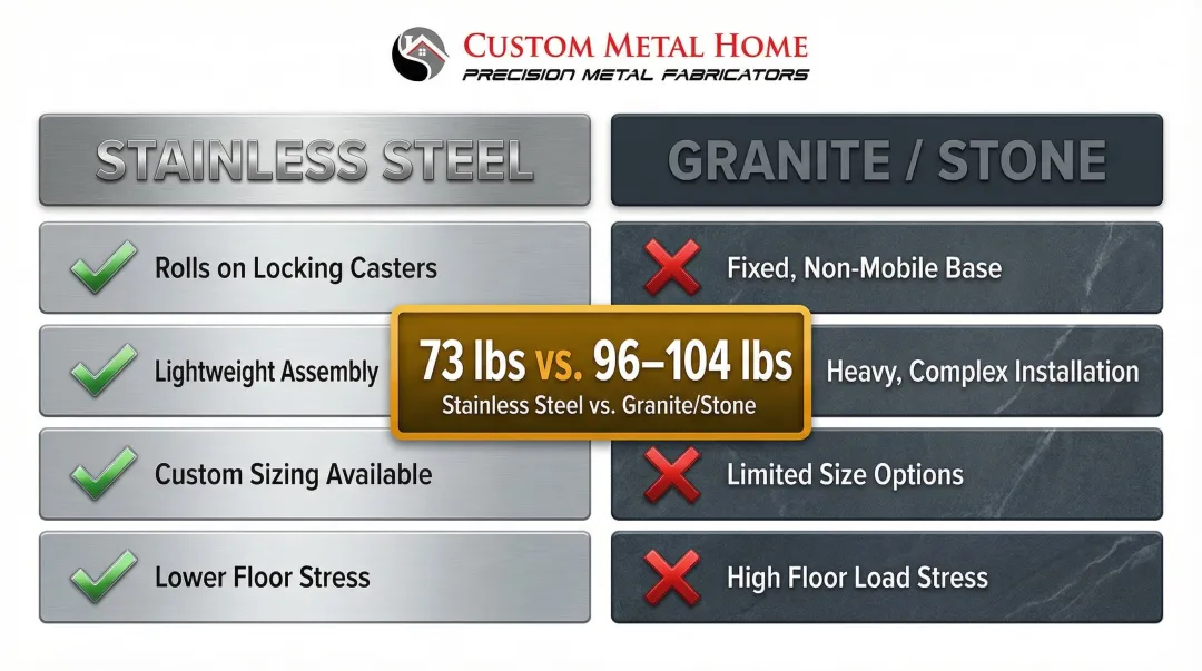 Stainless steel versus granite island weight and flexibility comparison infographic