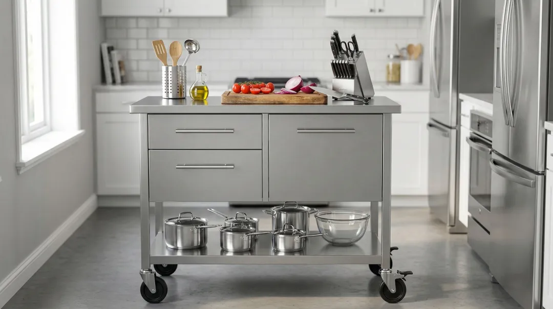 Compact stainless steel kitchen island on casters in small apartment kitchen
