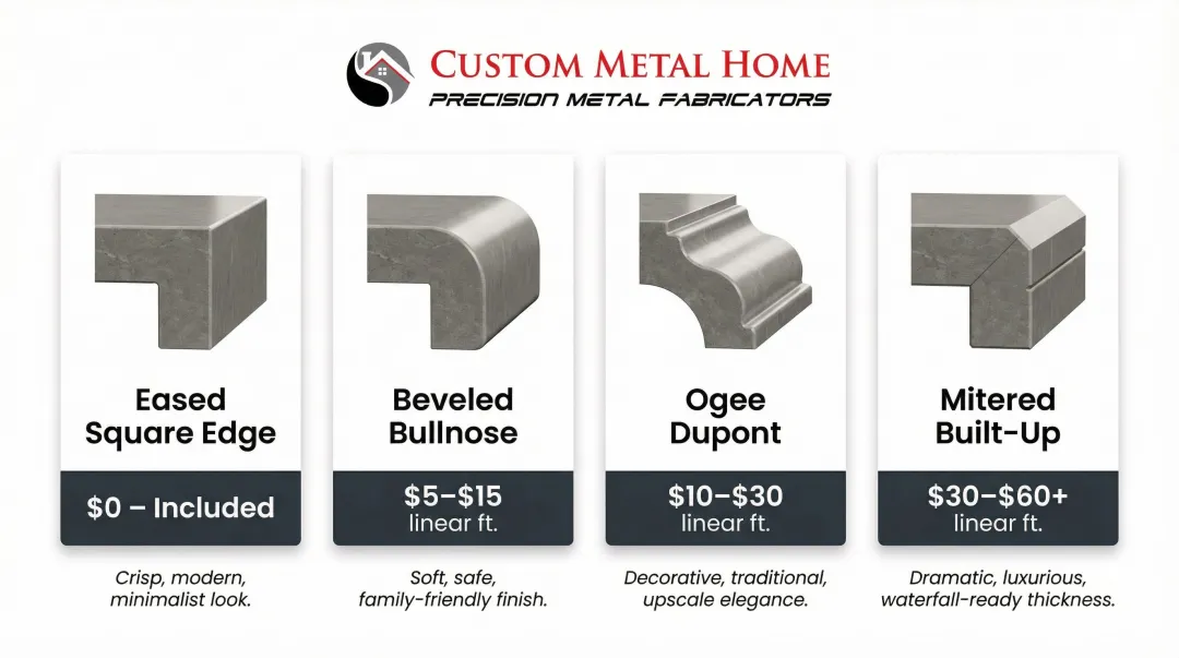 Four countertop edge profiles comparison showing visual effect and cost surcharge
