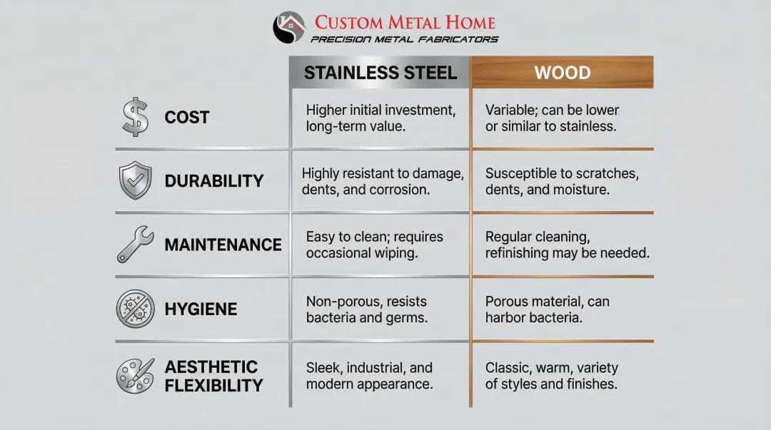 Stainless steel versus wood kitchen cabinets five-factor comparison infographic