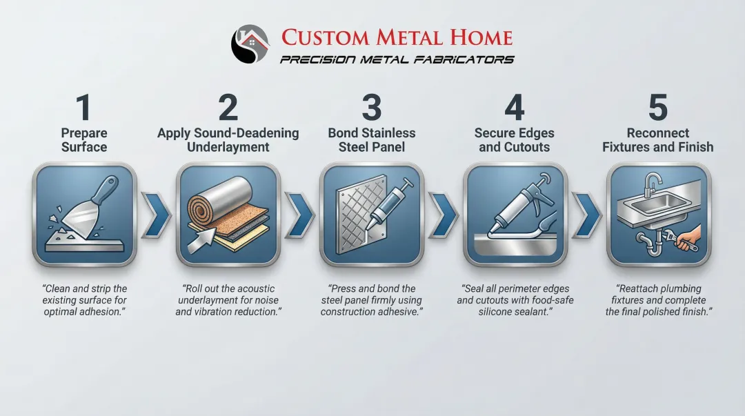 Five-step stainless steel countertop overlay installation process flow diagram