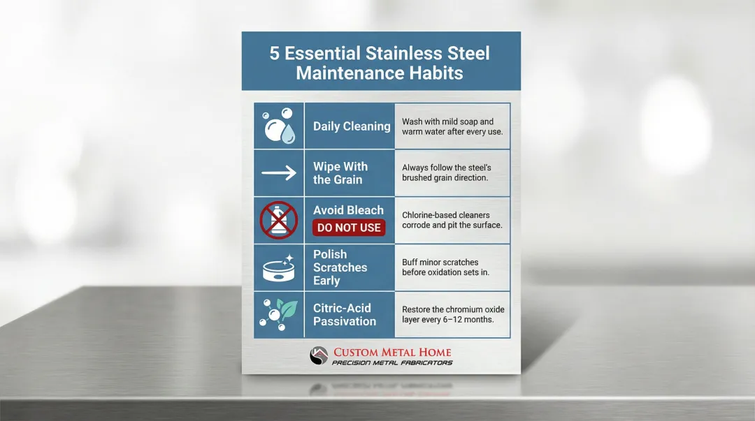 Five essential stainless steel kitchen maintenance habits and care tips infographic