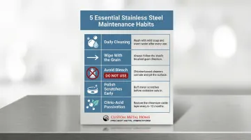Five essential stainless steel kitchen maintenance habits and care tips infographic
