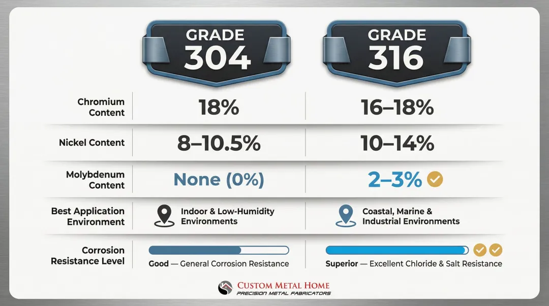 Grade 304 versus Grade 316 stainless steel kitchen comparison infographic