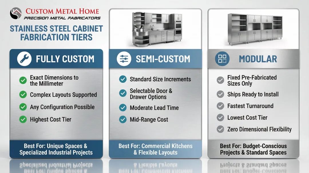 Three stainless steel cabinet types fully custom semi-custom and modular comparison