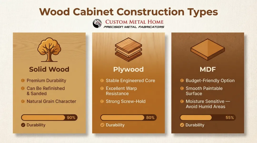 Three wood cabinet construction types solid plywood MDF comparison durability chart